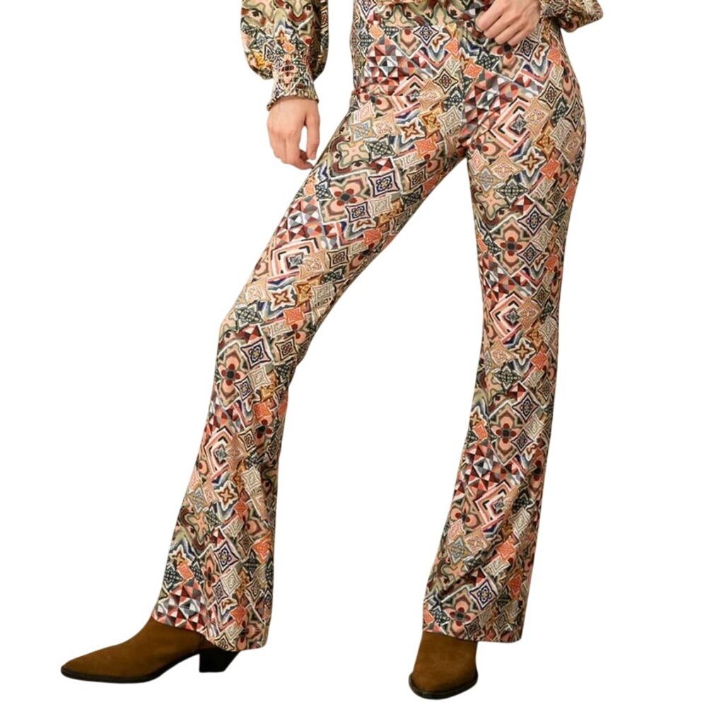 Hale Bob Printed Flare Leg Olive Pants Size XS